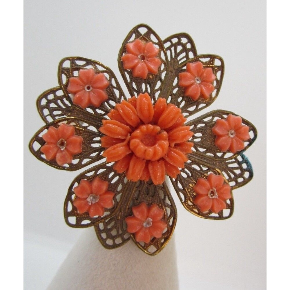 Vintage Rose Brooch Filigree Flower  Cut Out Leaf Peach Coral Plastic Floral Pin